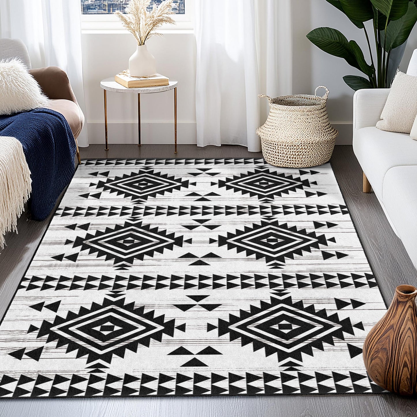 Strapazierfähiger geometrischer Teppich | Waschbarer rechteckiger Teppich mit geometrischem Muster | Moderner schwarz-weißer Teppich | Stilvolle Wohnaccessoires