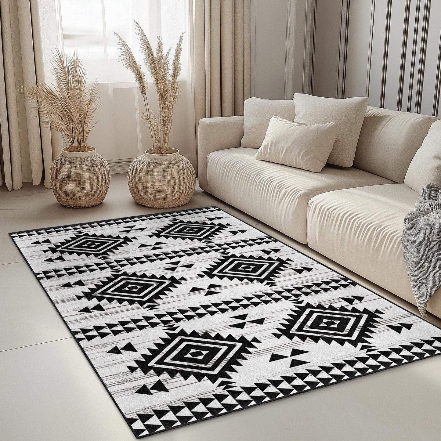 Strapazierfähiger geometrischer Teppich | Waschbarer rechteckiger Teppich mit geometrischem Muster | Moderner schwarz-weißer Teppich | Stilvolle Wohnaccessoires