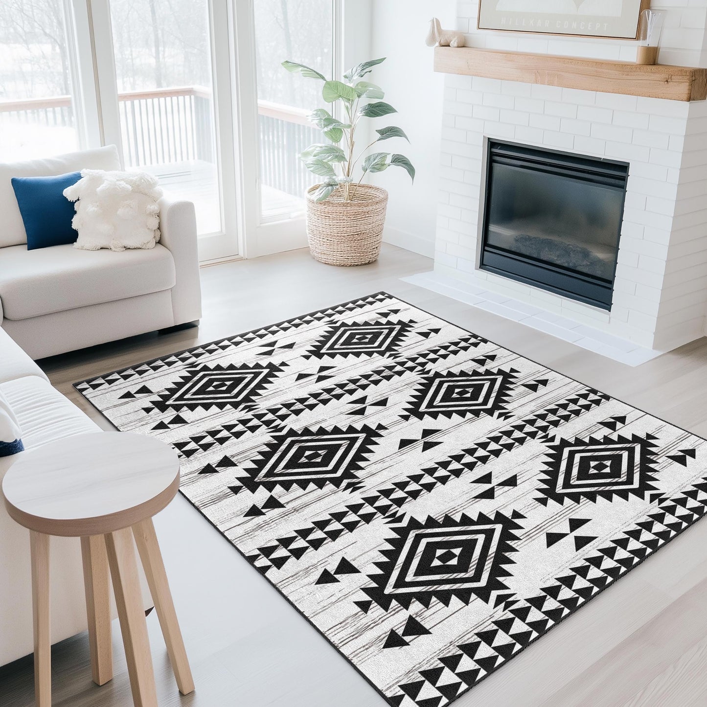 Strapazierfähiger geometrischer Teppich | Waschbarer rechteckiger Teppich mit geometrischem Muster | Moderner schwarz-weißer Teppich | Stilvolle Wohnaccessoires