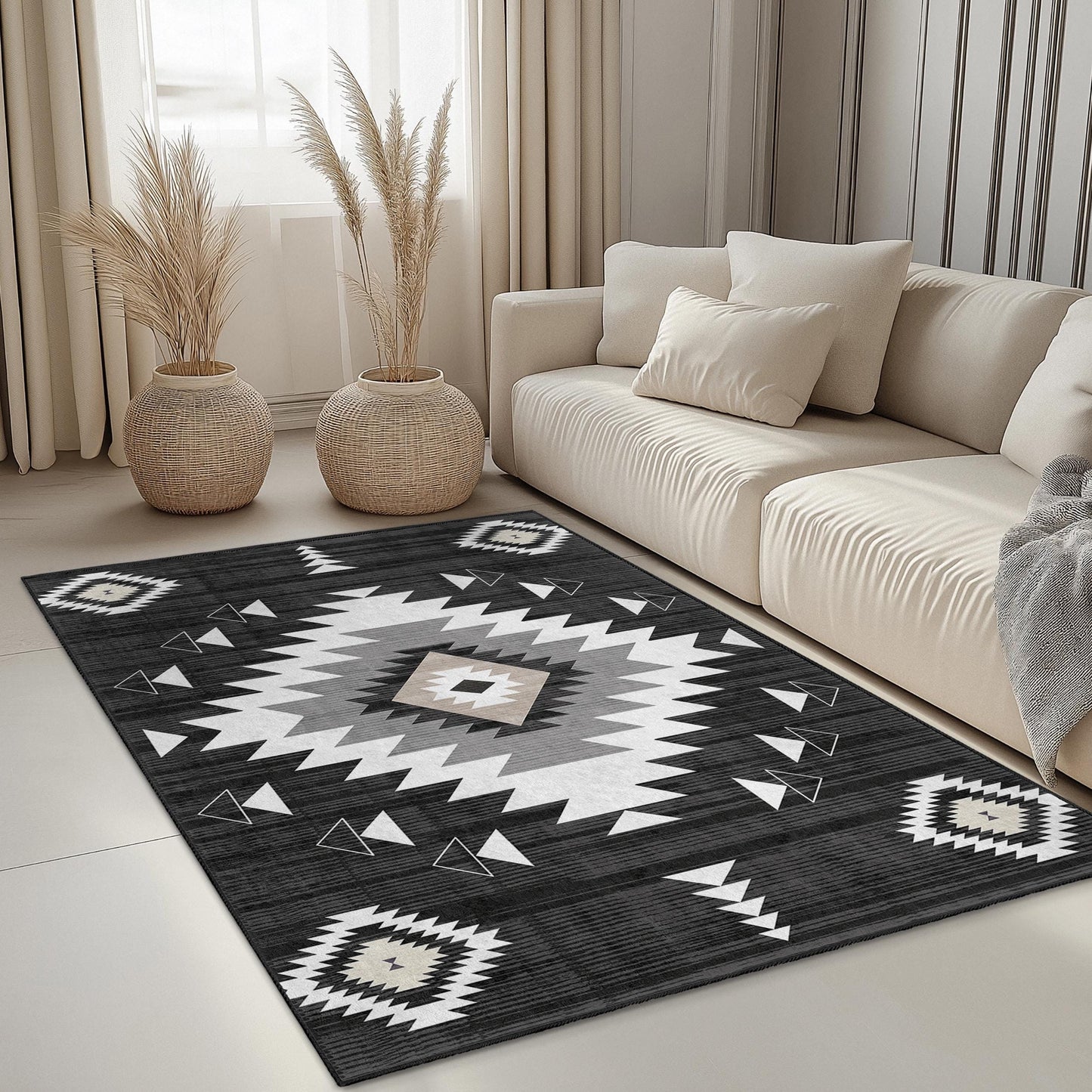 Rechteckiger, waschbarer Teppich mit geometrischem Muster | Moderner schwarz-weißer Teppich | Stilvoller Wohnzimmerteppich | Boho-Chic-Wohndeko