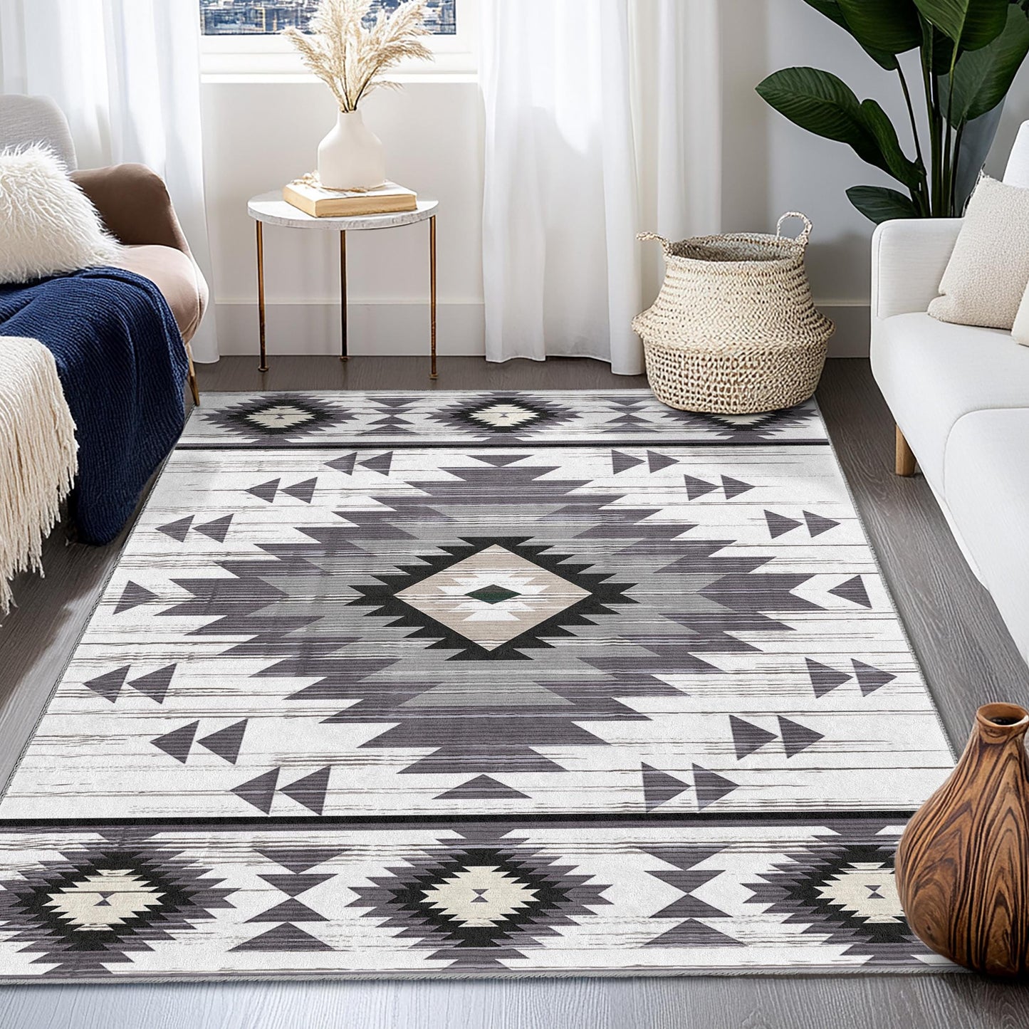 Rechteckiger Teppich mit geometrischem Ethno-Muster | Modernes Wohnambiente im Bohème-Stil | Weicher Baumwollteppich fürs Wohnzimmer