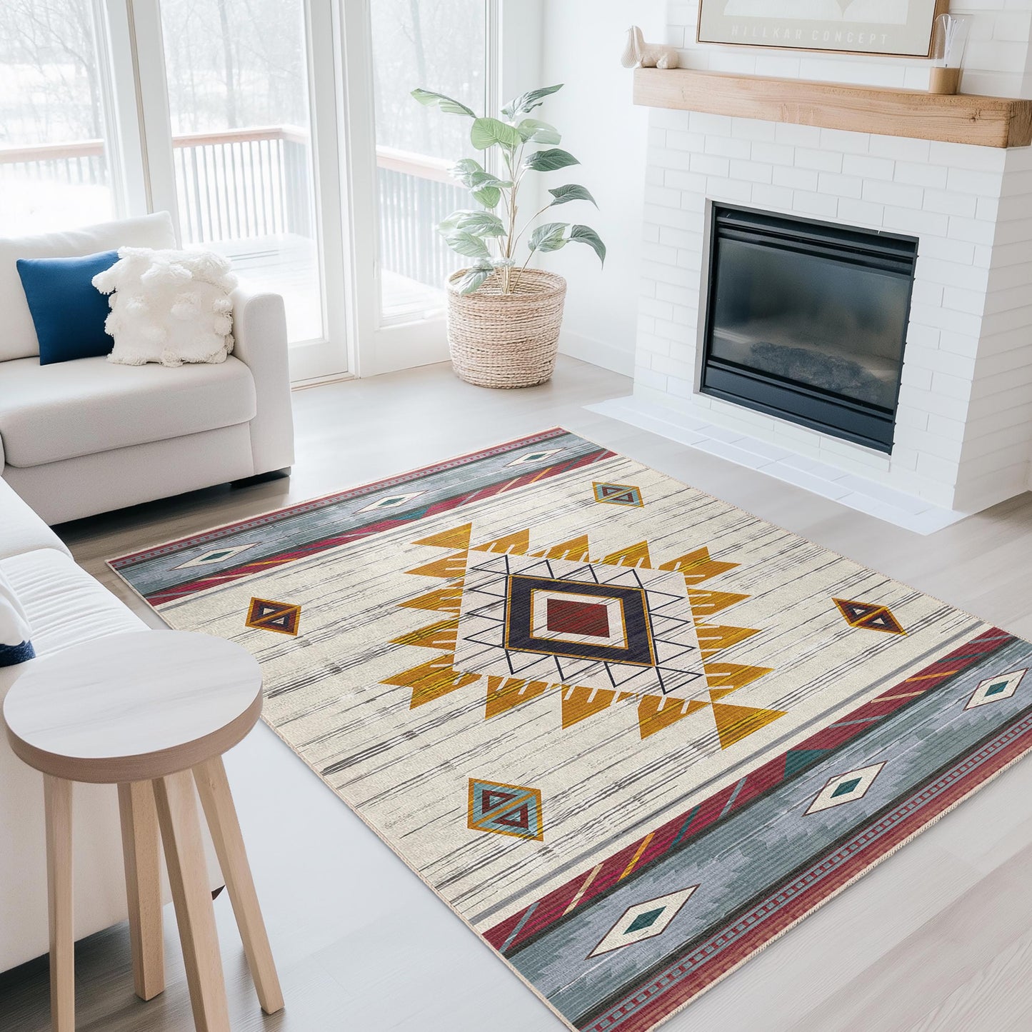 Rechteckiger Teppich mit geometrischem Muster | Teppich im Ethno-Design fürs Wohnzimmer | Weiche Baumwollmatte | Stilvolle Wohnaccessoires