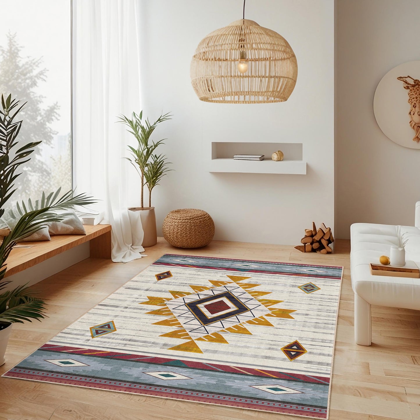 Rechteckiger Teppich mit geometrischem Muster | Teppich im Ethno-Design fürs Wohnzimmer | Weiche Baumwollmatte | Stilvolle Wohnaccessoires