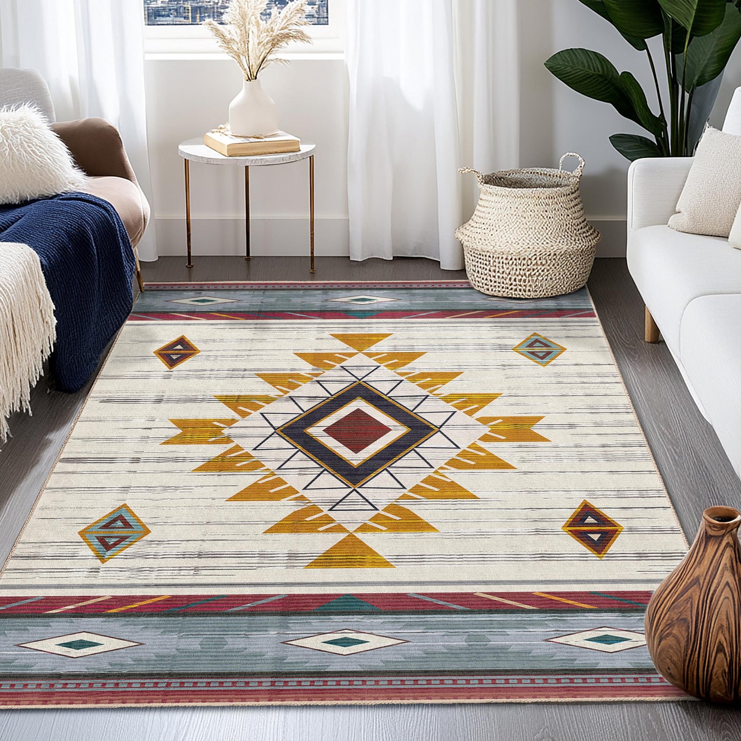 Rechteckiger Teppich mit geometrischem Muster | Teppich im Ethno-Design fürs Wohnzimmer | Weiche Baumwollmatte | Stilvolle Wohnaccessoires