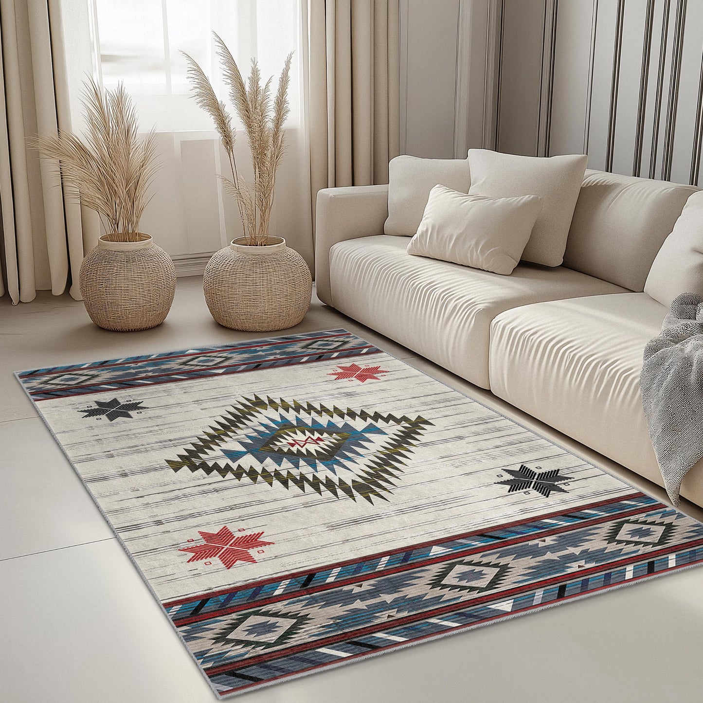 Rechteckiger Teppich mit geometrischem Muster | Teppich im Südwest-Stil | Wohnaccessoires im Bohème-Stil | Moderne Wohnzimmermatte