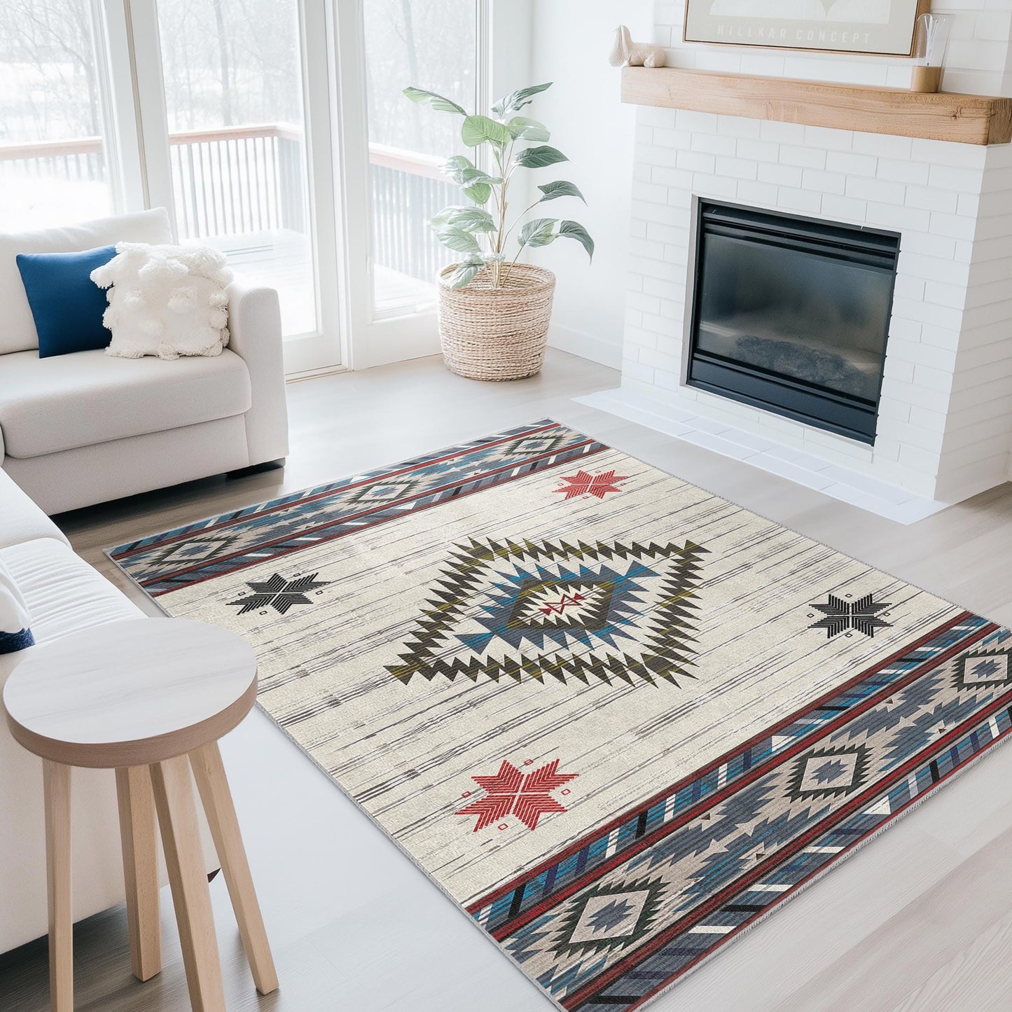 Rechteckiger Teppich mit geometrischem Muster | Teppich im Südwest-Stil | Wohnaccessoires im Bohème-Stil | Moderne Wohnzimmermatte