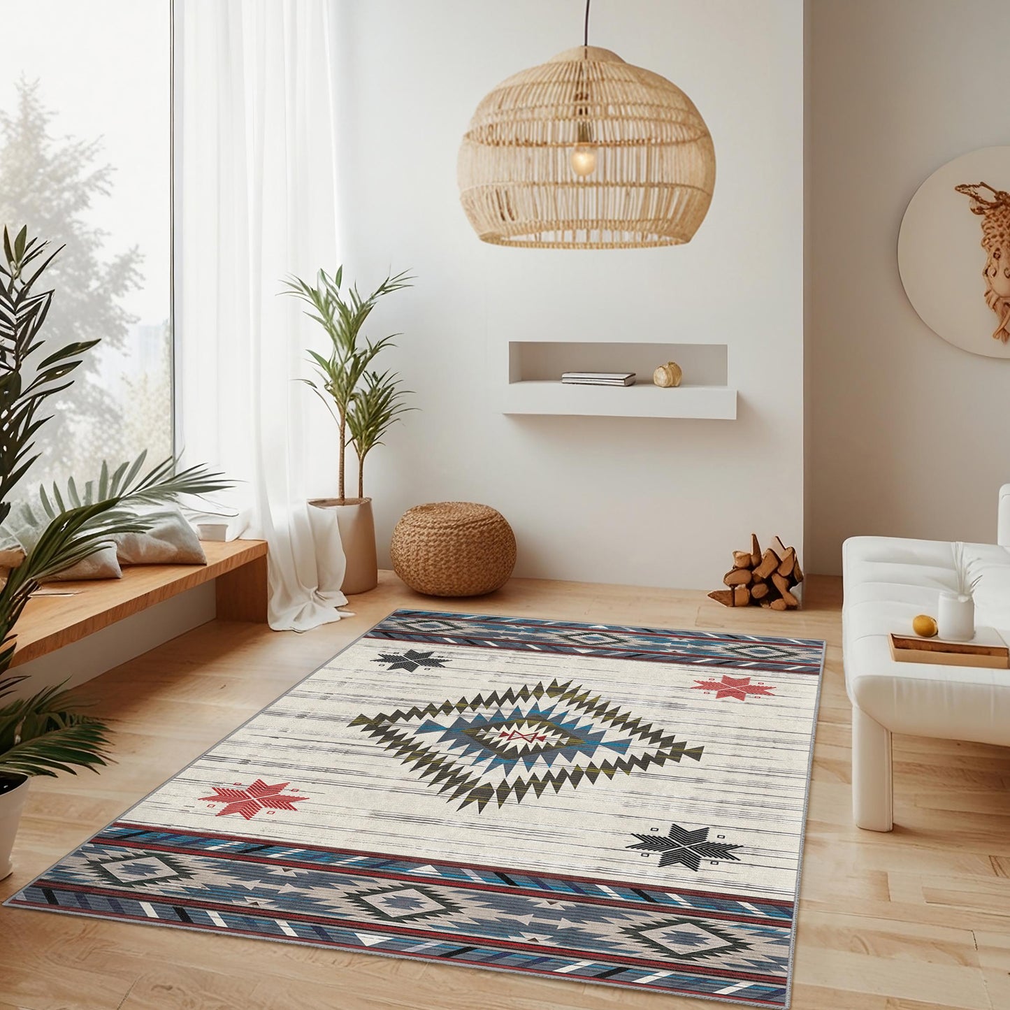 Rechteckiger Teppich mit geometrischem Muster | Teppich im Südwest-Stil | Wohnaccessoires im Bohème-Stil | Moderne Wohnzimmermatte