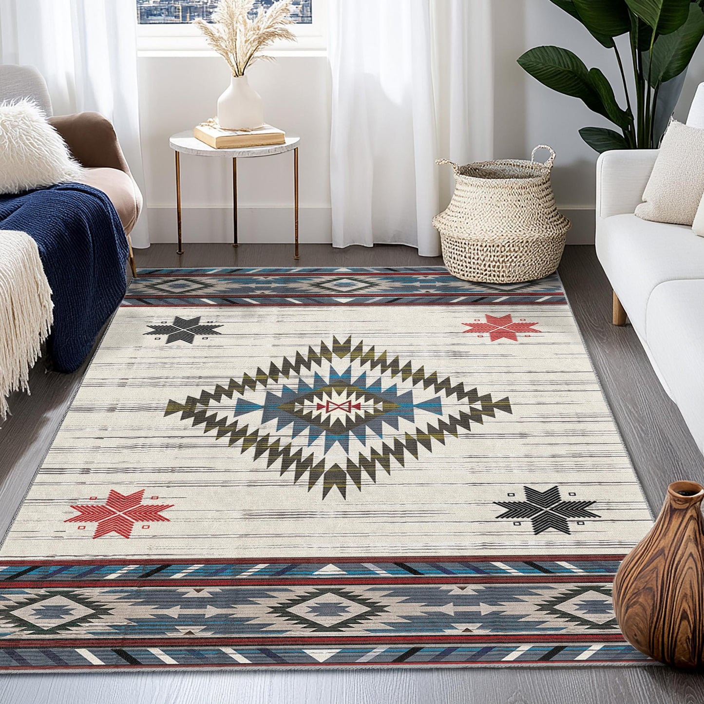 Rechteckiger Teppich mit geometrischem Muster | Teppich im Südwest-Stil | Wohnaccessoires im Bohème-Stil | Moderne Wohnzimmermatte