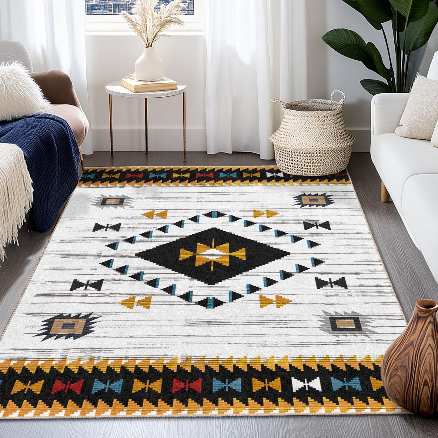 Rechteckiger, waschbarer Teppich mit geometrischem Muster | Moderner Teppich im Ethno-Stil | Stilvolle Wohnzimmerdekoration | Wohnaccessoire im Bohème-Stil