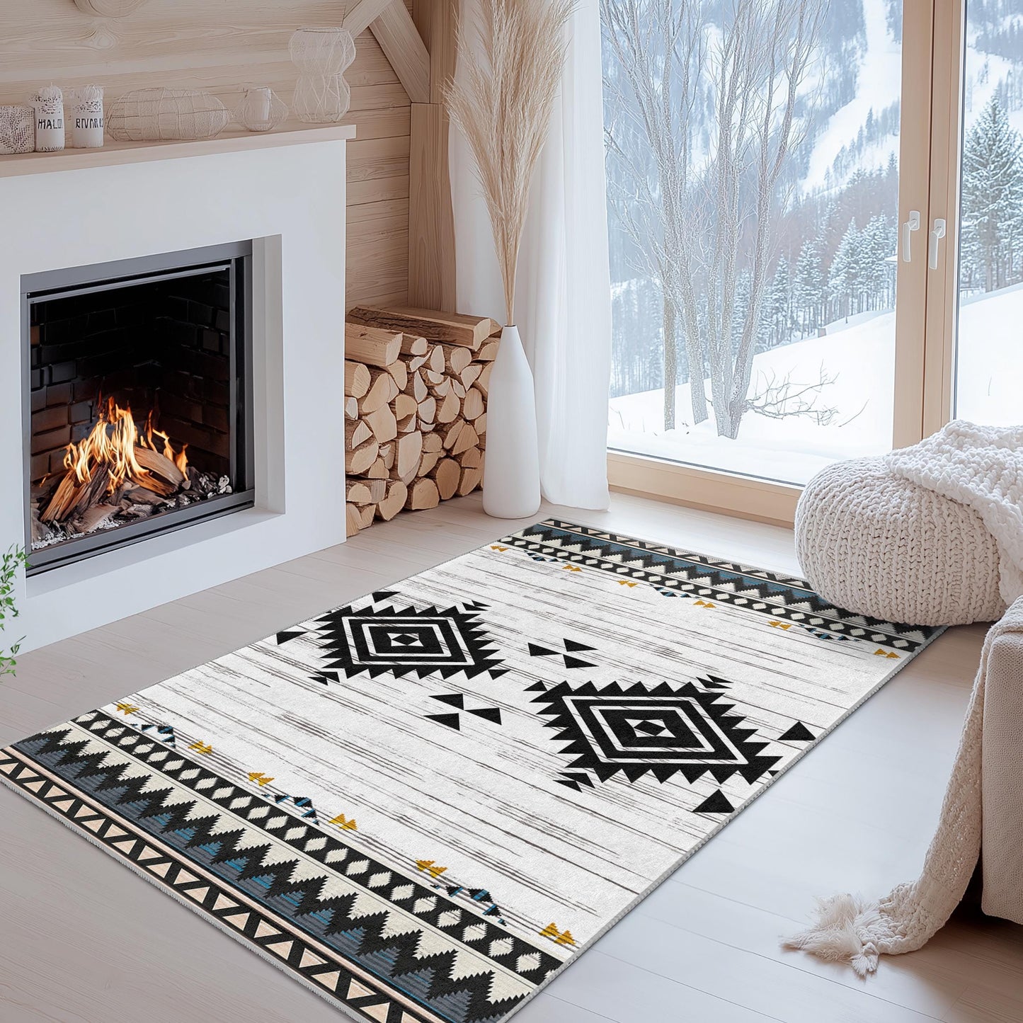 Rechteckiger Teppich mit geometrischem Muster | Boho-Chic-Wohnzimmerteppich | Moderne Wohndekoration | Stilvoller schwarz-weißer Teppich