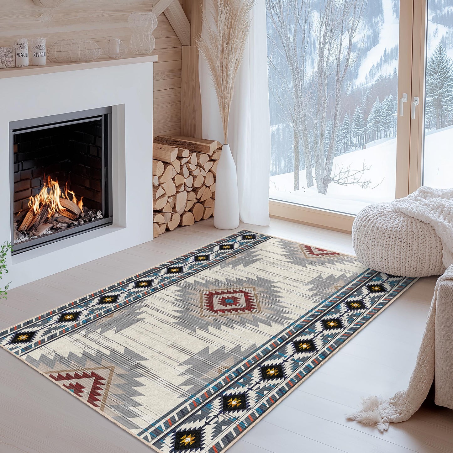 Rechteckiger Teppich mit geometrischem Muster | Moderner Wohnzimmerteppich im Boho-Stil | Weiche, waschbare Fußmatte | Stilvolle Wohnaccessoires
