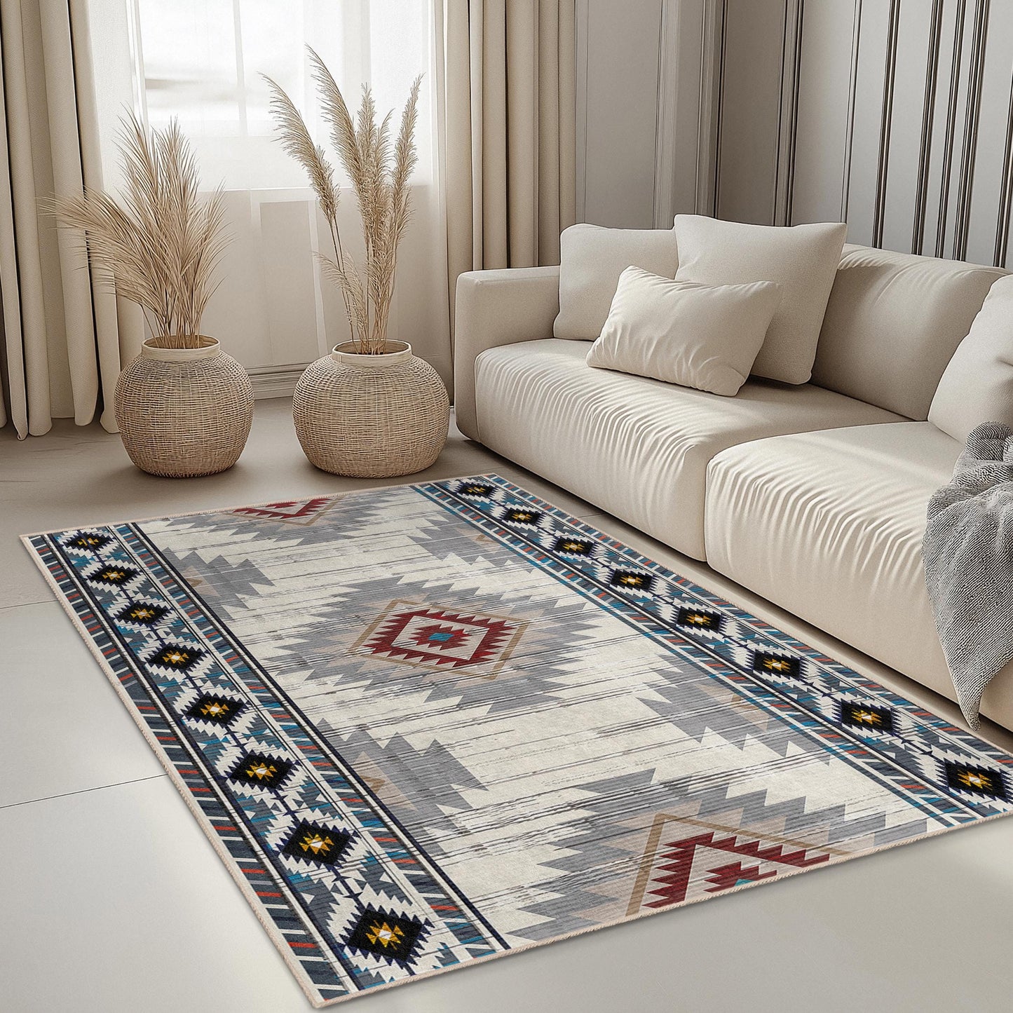 Rechteckiger Teppich mit geometrischem Muster | Moderner Wohnzimmerteppich im Boho-Stil | Weiche, waschbare Fußmatte | Stilvolle Wohnaccessoires