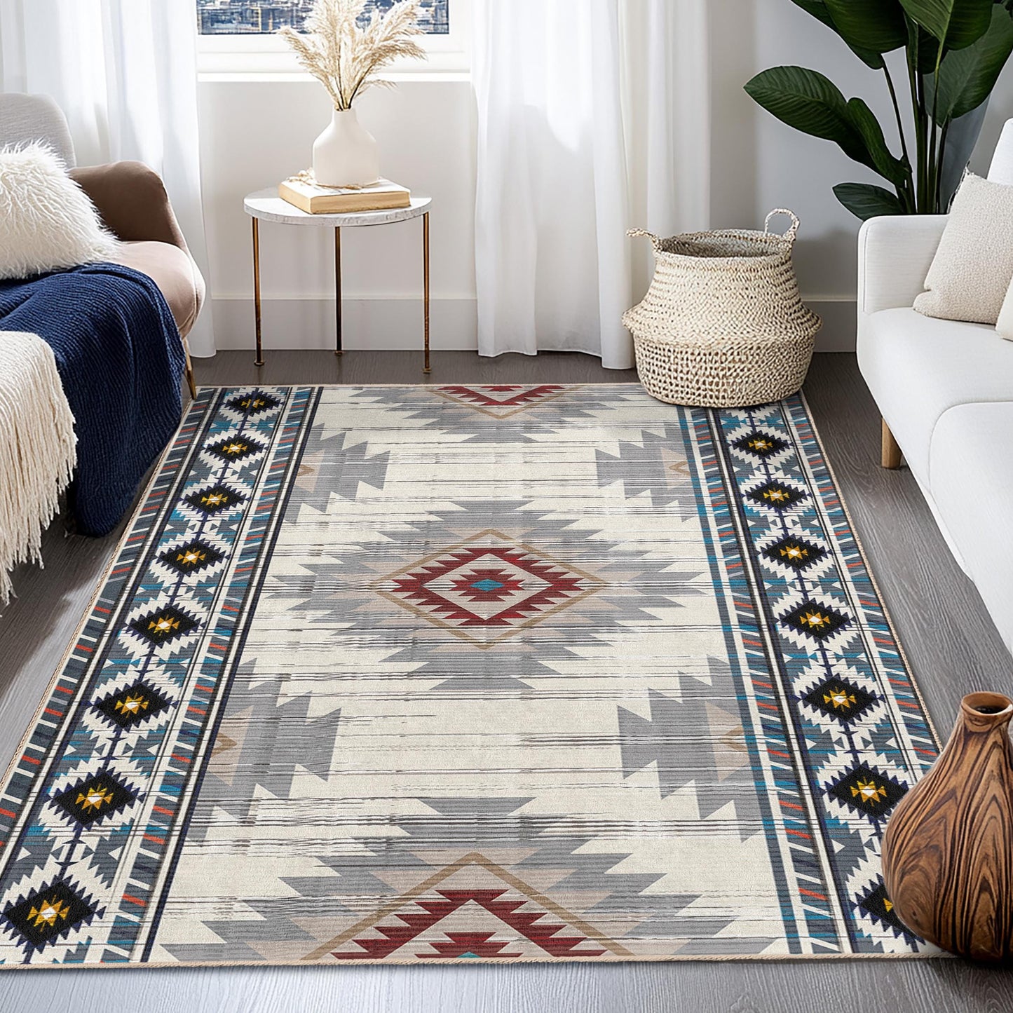 Rechteckiger Teppich mit geometrischem Muster | Moderner Wohnzimmerteppich im Boho-Stil | Weiche, waschbare Fußmatte | Stilvolle Wohnaccessoires