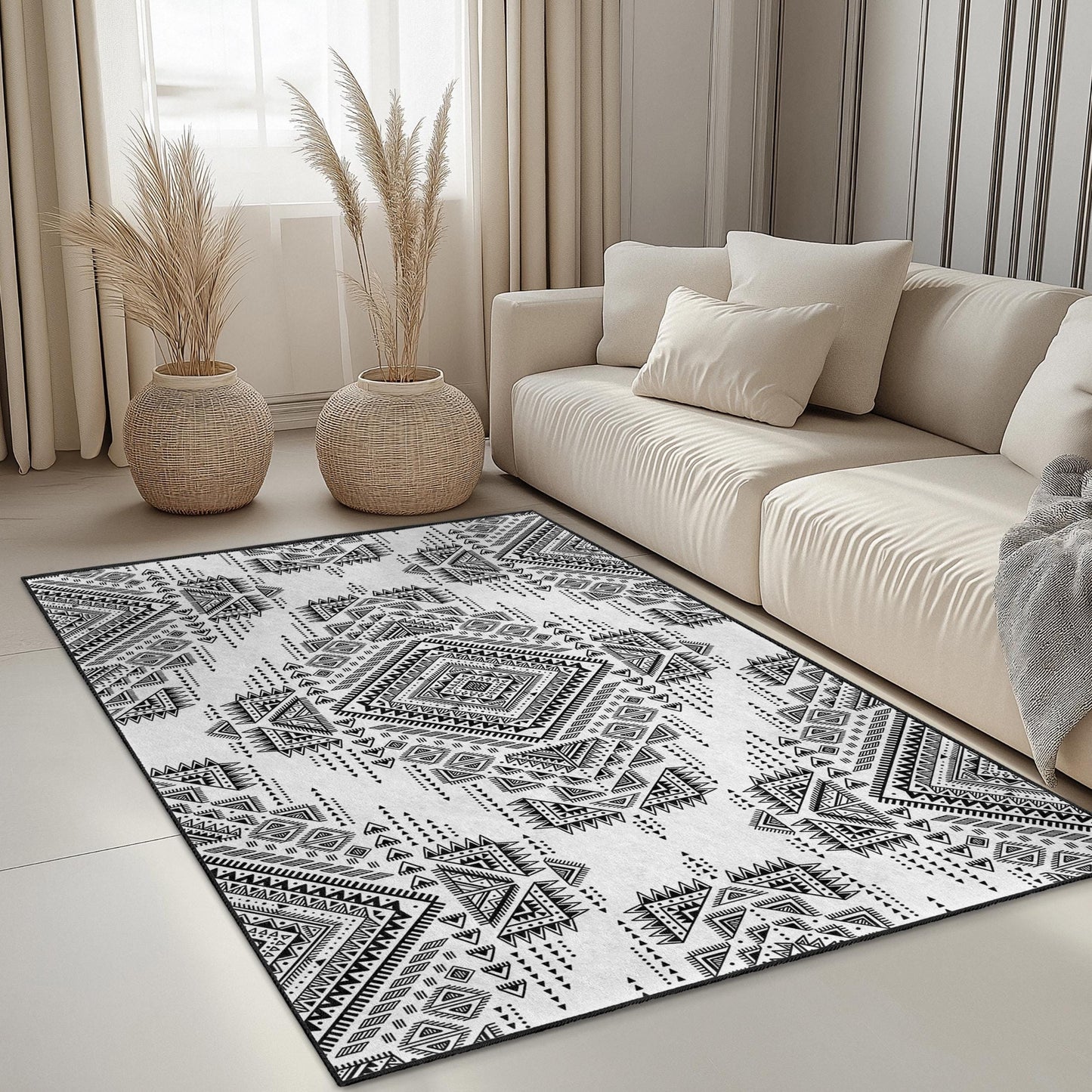 Geometrischer rechteckiger Teppich in Schwarz-Weiß | Stilvoller, moderner Wohnzimmerteppich | Elegante Wohndekoration | Strapazierfähige Fußmatte