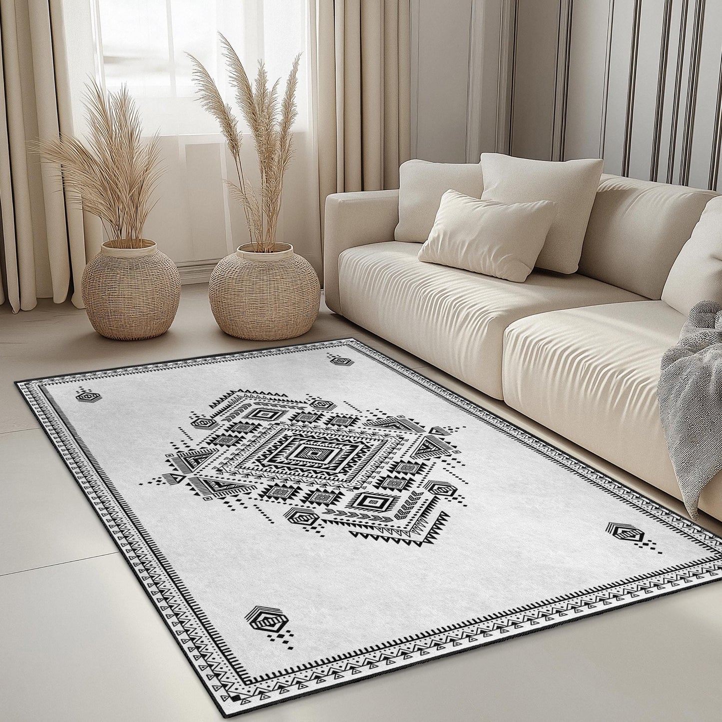 Geometrischer rechteckiger Teppich in Schwarz-Weiß | Stilvoller Boho-Teppich | Moderne Wohndekoration | Schicke geometrische Fußmatte