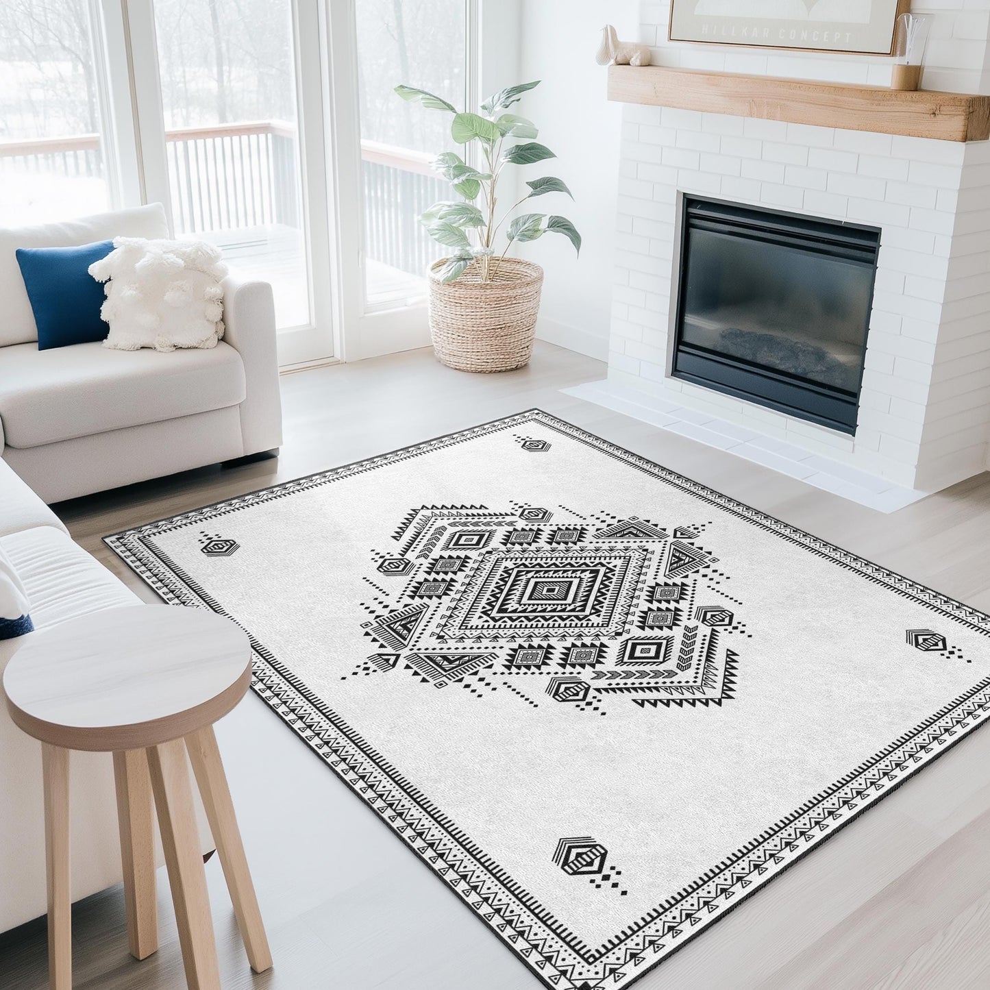 Geometrischer rechteckiger Teppich in Schwarz-Weiß | Stilvoller Boho-Teppich | Moderne Wohndekoration | Schicke geometrische Fußmatte