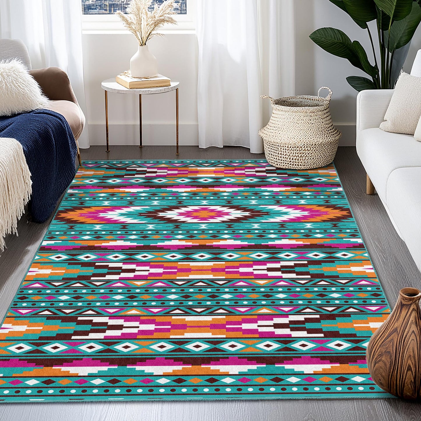 Farbenfroher, rechteckiger, waschbarer Teppich mit geometrischem Muster | Wohnaccessoires im Bohème-Chic | Lebendiger Wohnzimmerteppich | Stilvolles Ethno-Design