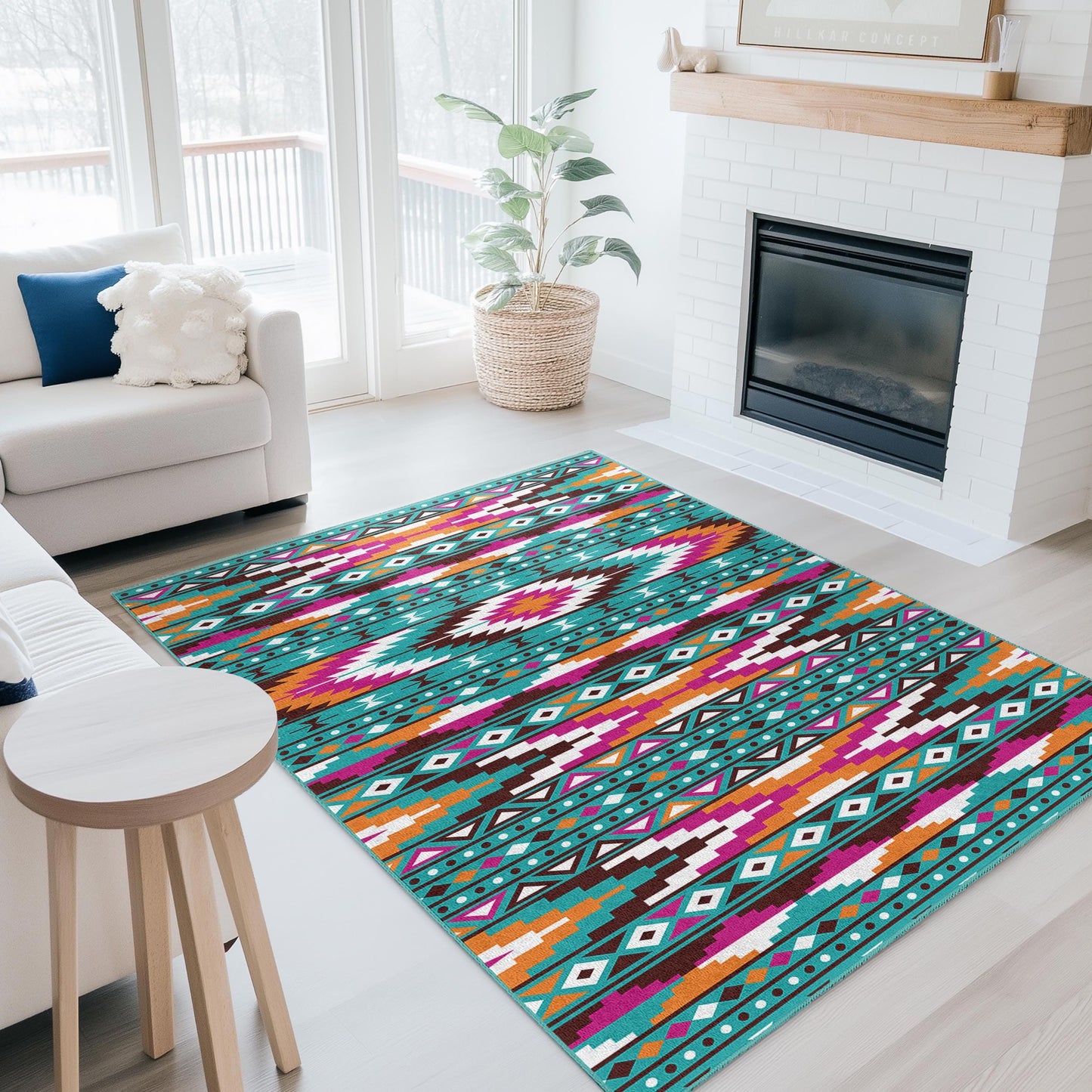 Farbenfroher, rechteckiger, waschbarer Teppich mit geometrischem Muster | Wohnaccessoires im Bohème-Chic | Lebendiger Wohnzimmerteppich | Stilvolles Ethno-Design