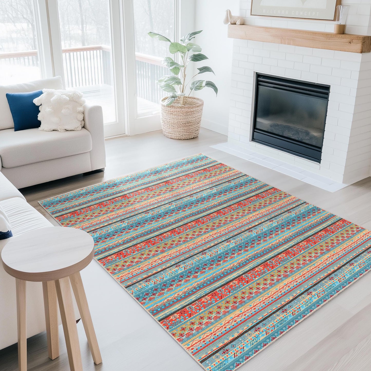 Rechteckiger Teppich mit farbenfrohem geometrischem Muster | Lebendiger Teppich im Bohème-Stil | Moderne Wohnzimmerdekoration | Weiche, waschbare Fußmatte