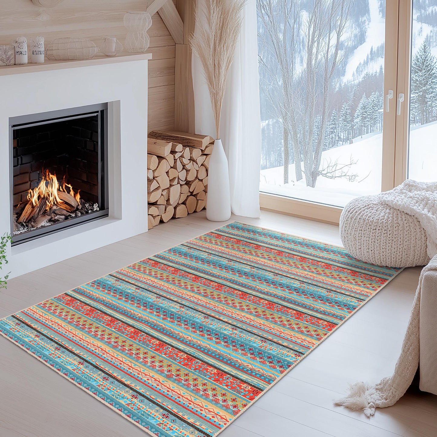 Rechteckiger Teppich mit farbenfrohem geometrischem Muster | Lebendiger Teppich im Bohème-Stil | Moderne Wohnzimmerdekoration | Weiche, waschbare Fußmatte