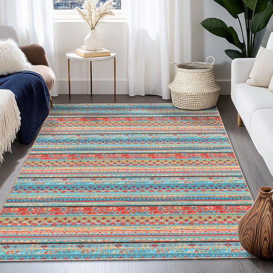 Colorful Geometric Pattern Rectangular Rug | Vibrant Bohemian Style Carpet | Modern Living Room Decor | Soft Washable Area Mat