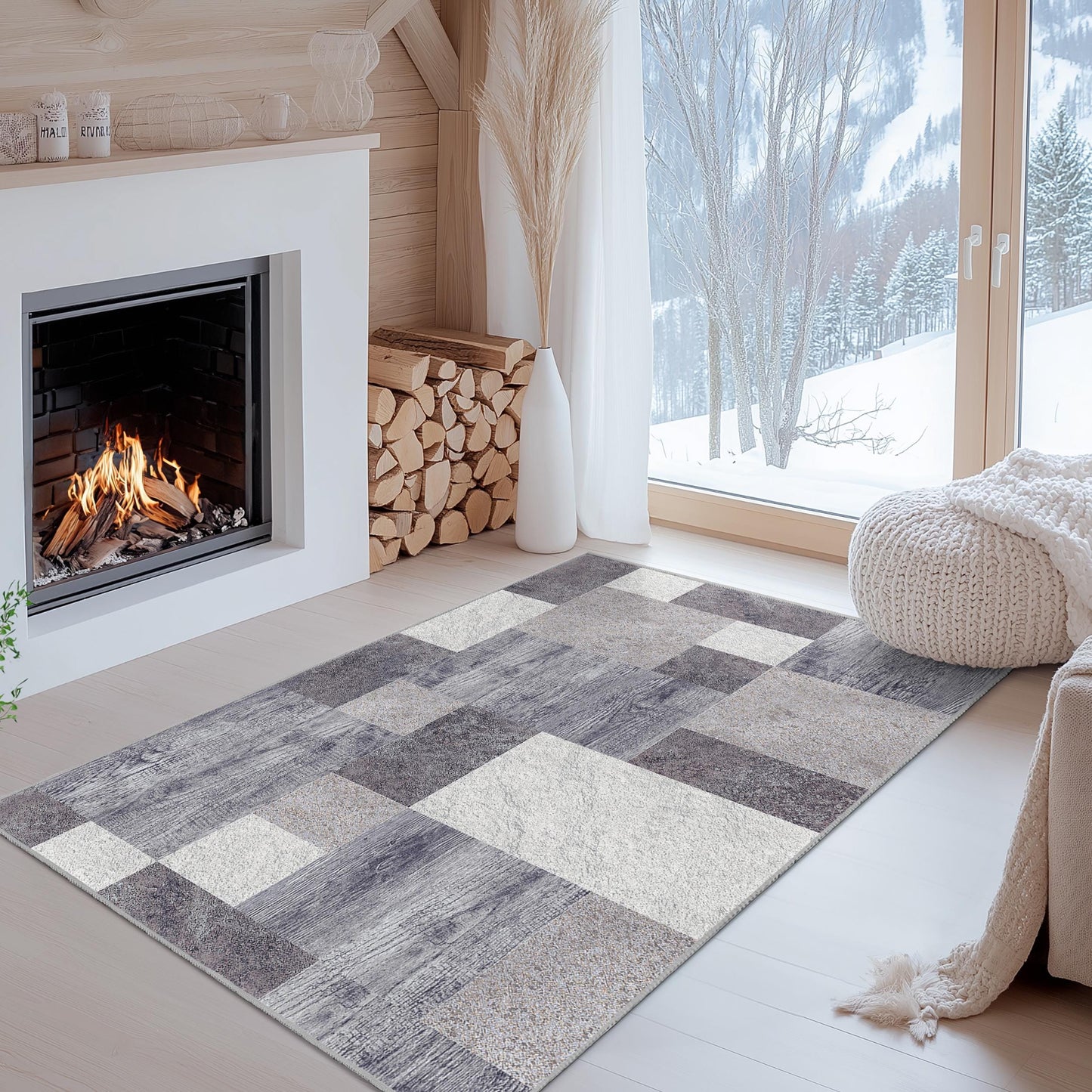 Rechteckiger Teppich mit geometrischem Muster | Moderner grau-weißer Teppich | Stilvolle Wohndekoration | Vielseitige Wohnzimmermatte