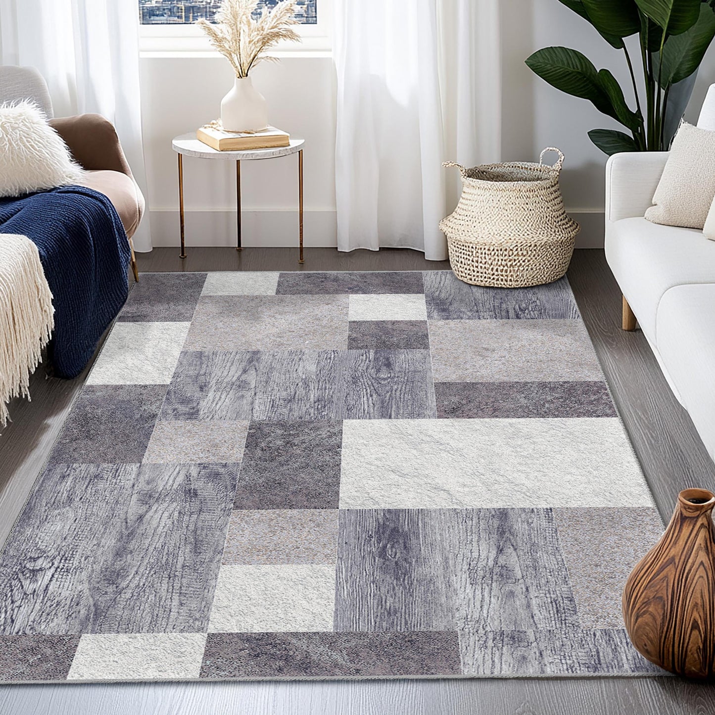 Rechteckiger Teppich mit geometrischem Muster | Moderner grau-weißer Teppich | Stilvolle Wohndekoration | Vielseitige Wohnzimmermatte