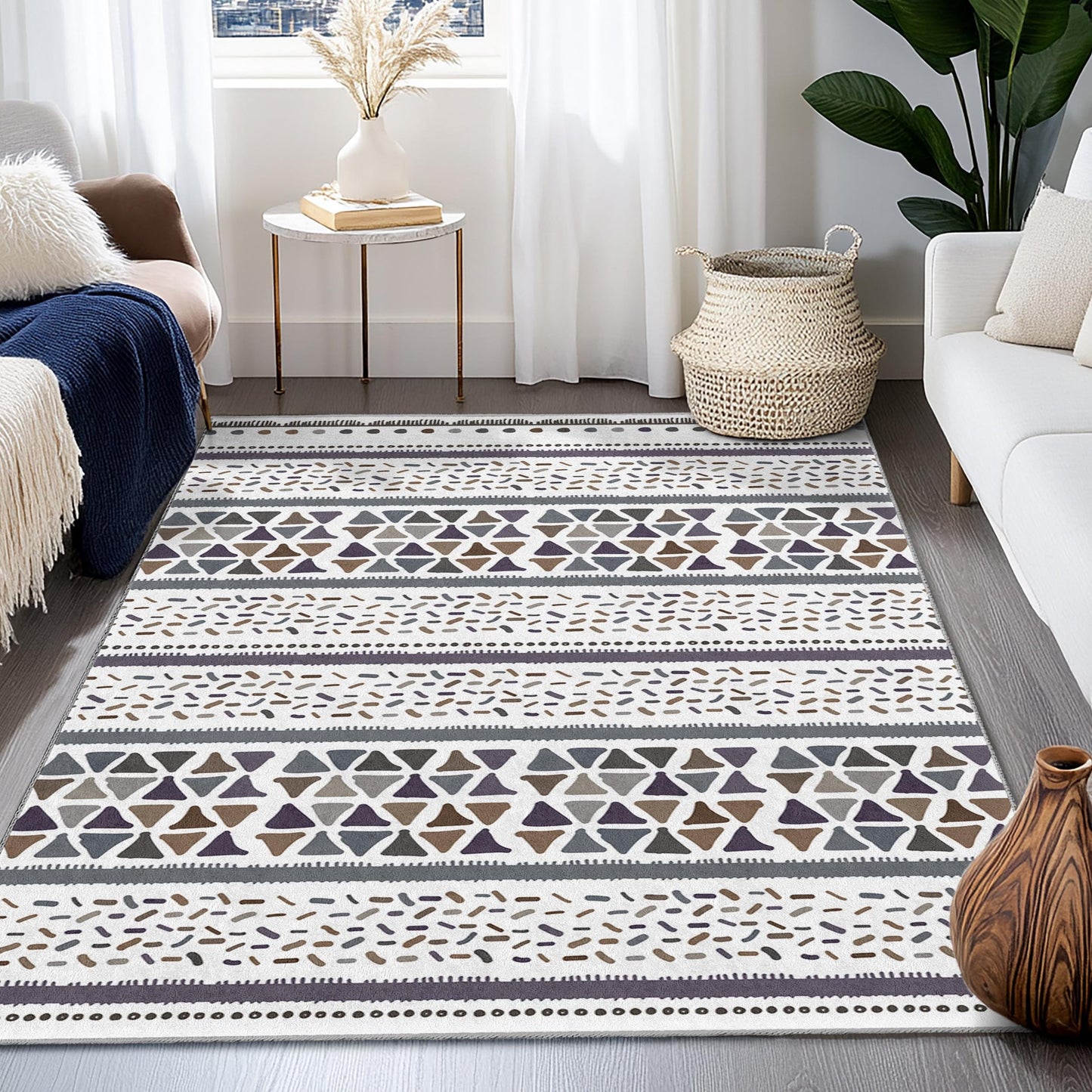 Rechteckiger, waschbarer Teppich mit geometrischem Muster | Stilvoller Baumwollteppich für die Wohnkultur | Moderner Teppich | Elegante Wohnzimmermatte
