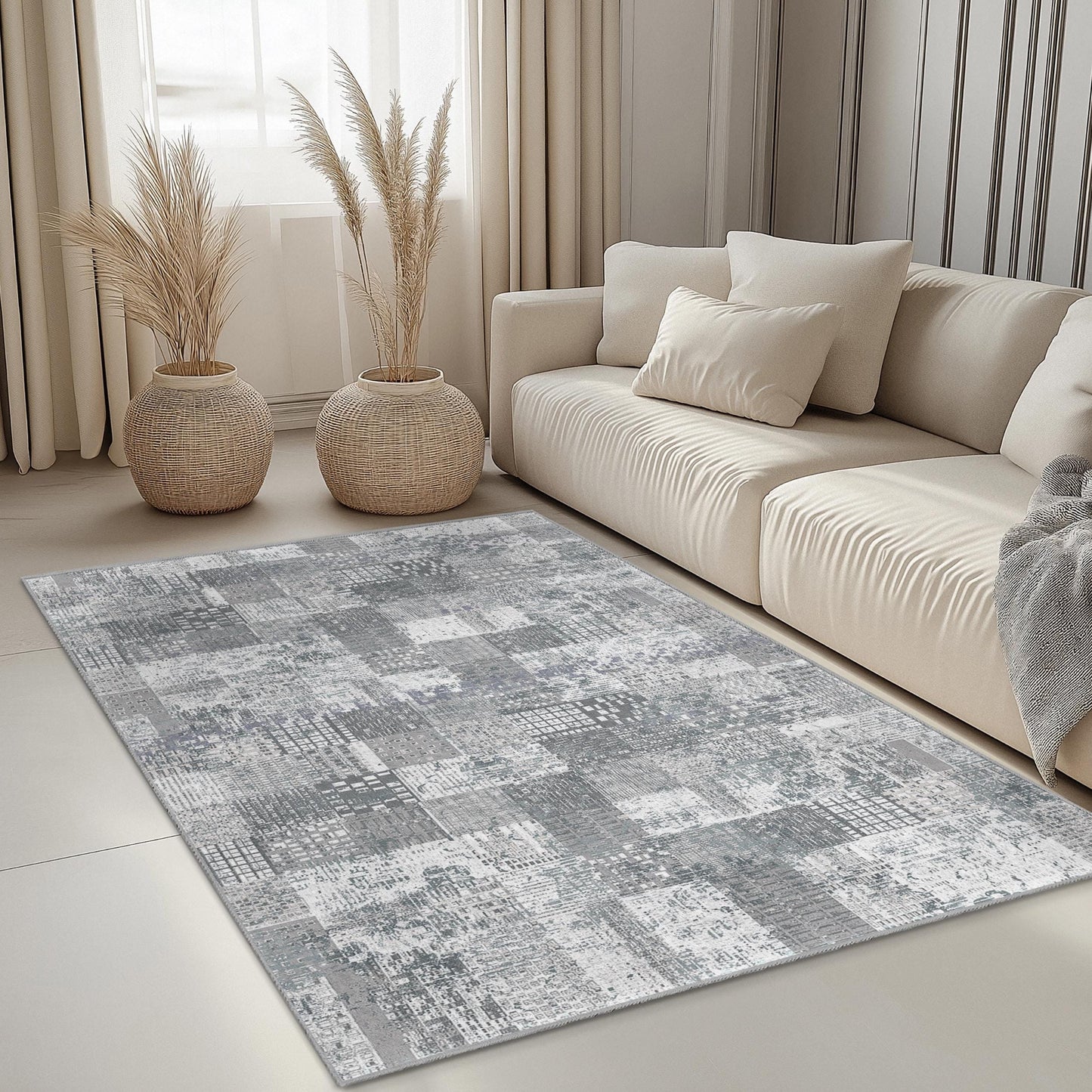 Teppich mit abstraktem geometrischem Muster | Moderner rechteckiger Teppich | Weiche Baumwolle | Stilvolle Wohnzimmer-Fußmatte