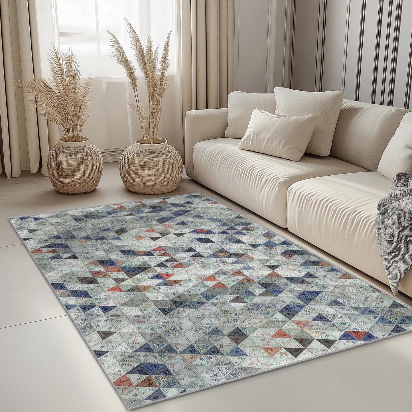 Rechteckiger Teppich mit geometrischem Dreiecksmuster | Moderne Wohndekoration | Stilvoller Wohnzimmerteppich | Einzigartiges geometrisches Design