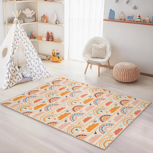 Rainbow Clouds Kids Rug: Soft Nursery Playroom Carpet