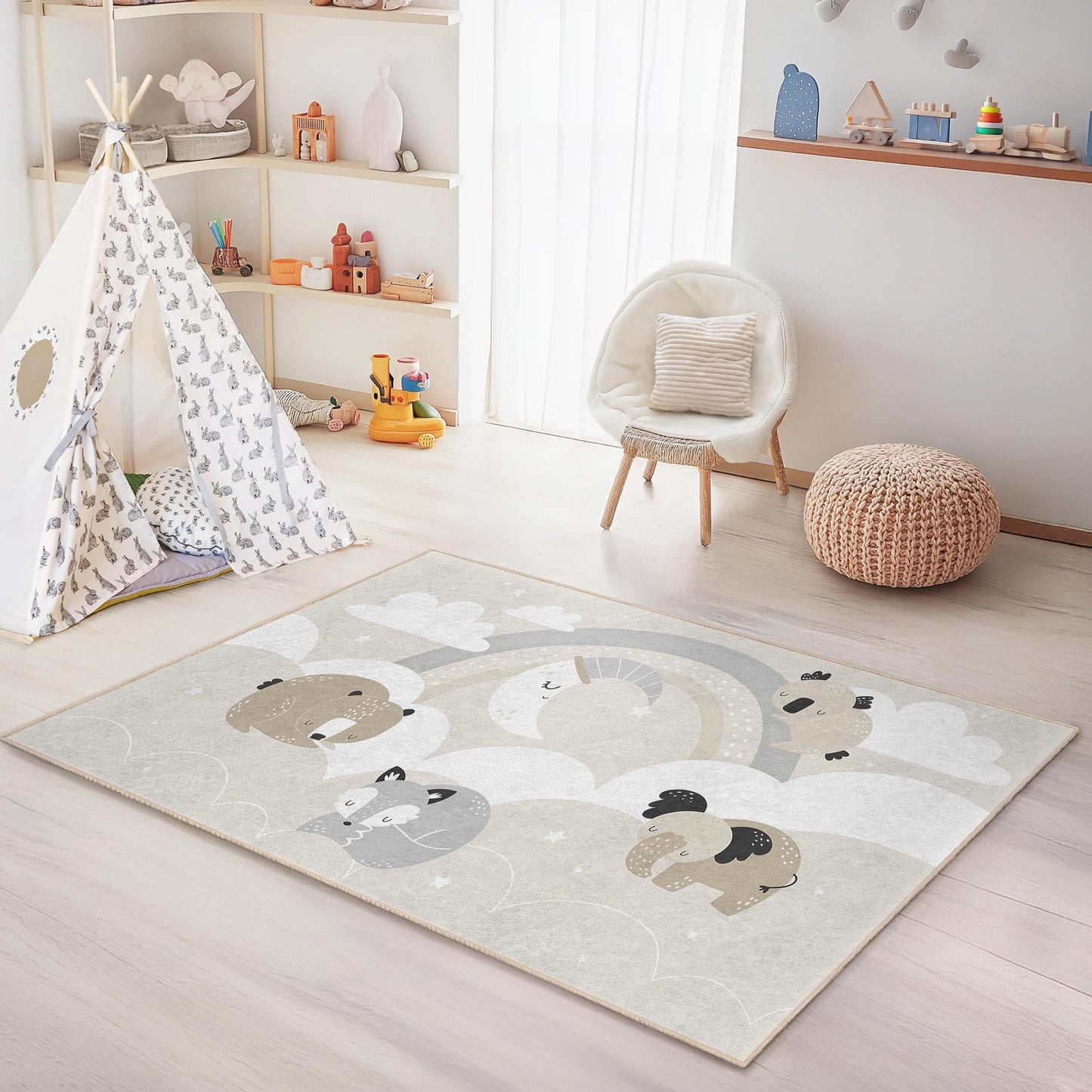 Rechteckiger Teppich mit niedlichem Tiermotiv, weicher Kinderzimmerteppich, Kinderzimmerdekoration, Spielzimmermatte, bezauberndes Tierdesign, Teppich für Kleinkinderzimmer