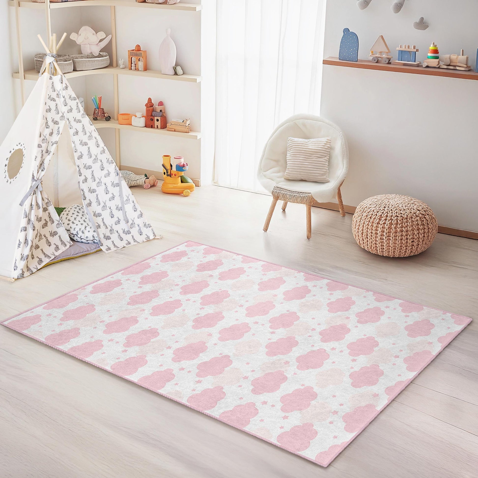 Soft Pink Cloud Kids Rug: Nursery Playroom Carpet