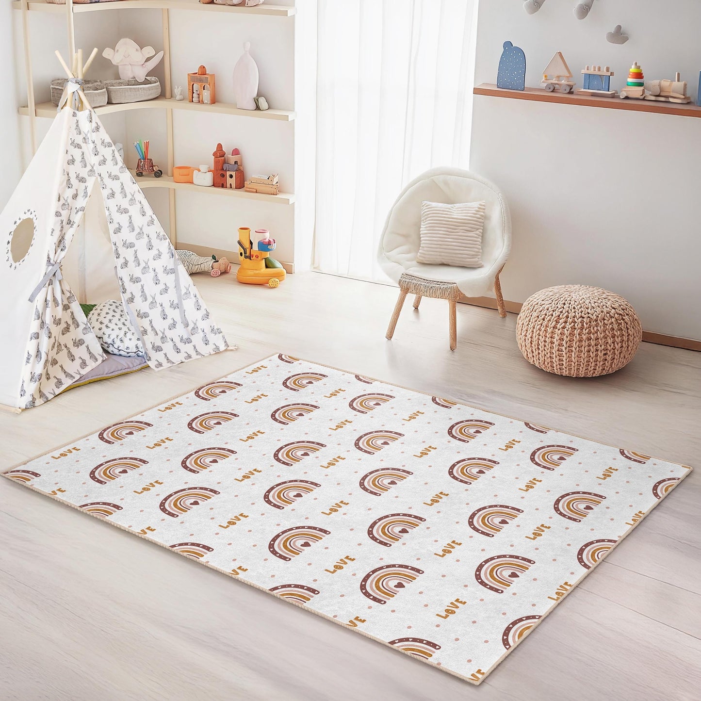 Rainbow Love Kids Rug: Personalized Playroom Carpet