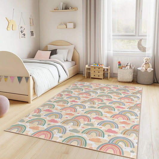 Rainbow Pattern Rectangular Kids Room Rug, Colorful Cloud Carpet, Playroom Decor, Nursery Rug, Soft Kids Mat, Rainbow Decor