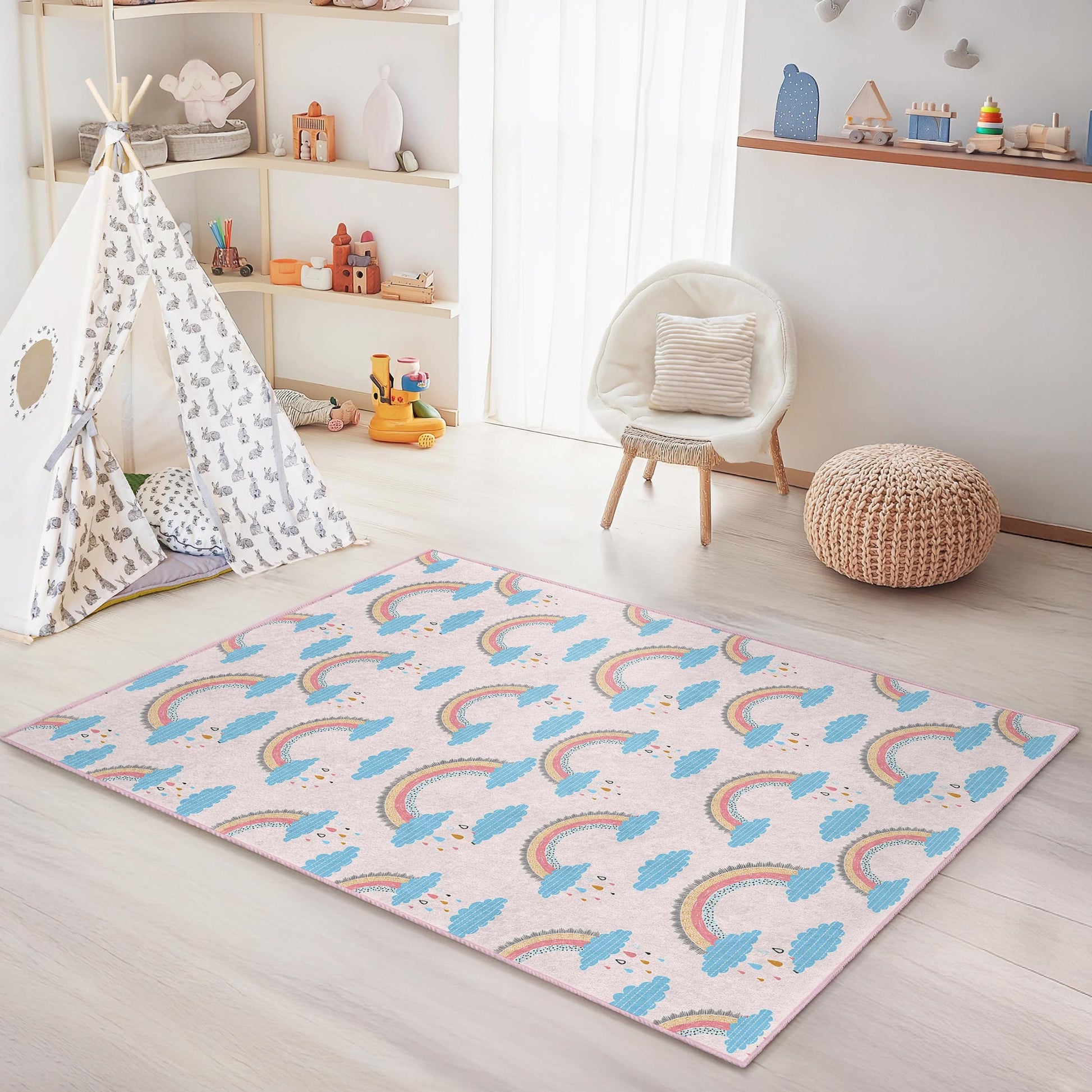 Rainbow Cloud Pattern Kids Area Rug, Cute Rainbow Nursery Rug, Rectangle Kids Room Carpet, Colorful Playroom Decor, Baby Shower Gift