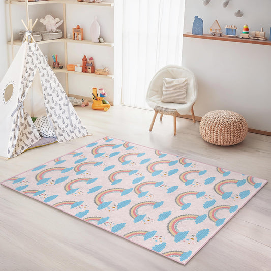 Rainbow Cloud Pattern Kids Area Rug, Cute Rainbow Nursery Rug, Rectangle Kids Room Carpet, Colorful Playroom Decor, Baby Shower Gift