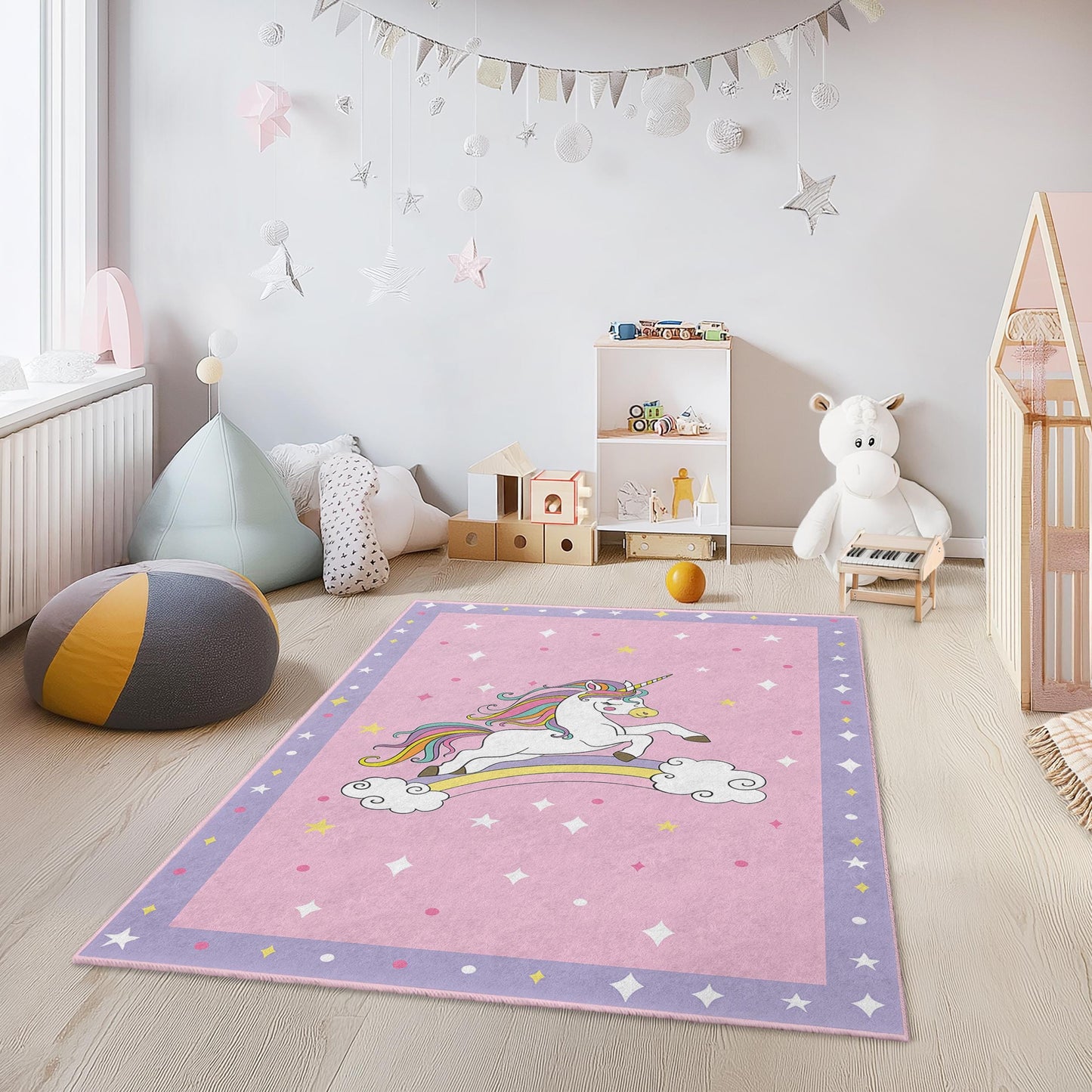 Magical Unicorn Kids Rug, Rainbow Unicorn Carpet for Playroom, Rectangle Kids Room Mat, Soft Nursery Decor, Fantasy Child's Rug