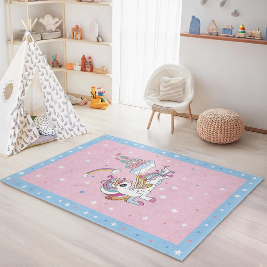 Magical Unicorn Rectangle Kids Rug, Unicorn Play Mat for Children's Room, Fantasy Decor, Soft and Colorful Nursery Carpet