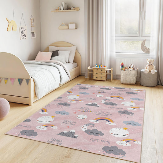 Dream Big Little One Rectangle Kids Rug, Cute Clouds and Rainbows Nursery Carpet, Playroom Decor, Soft Kids Room Mat