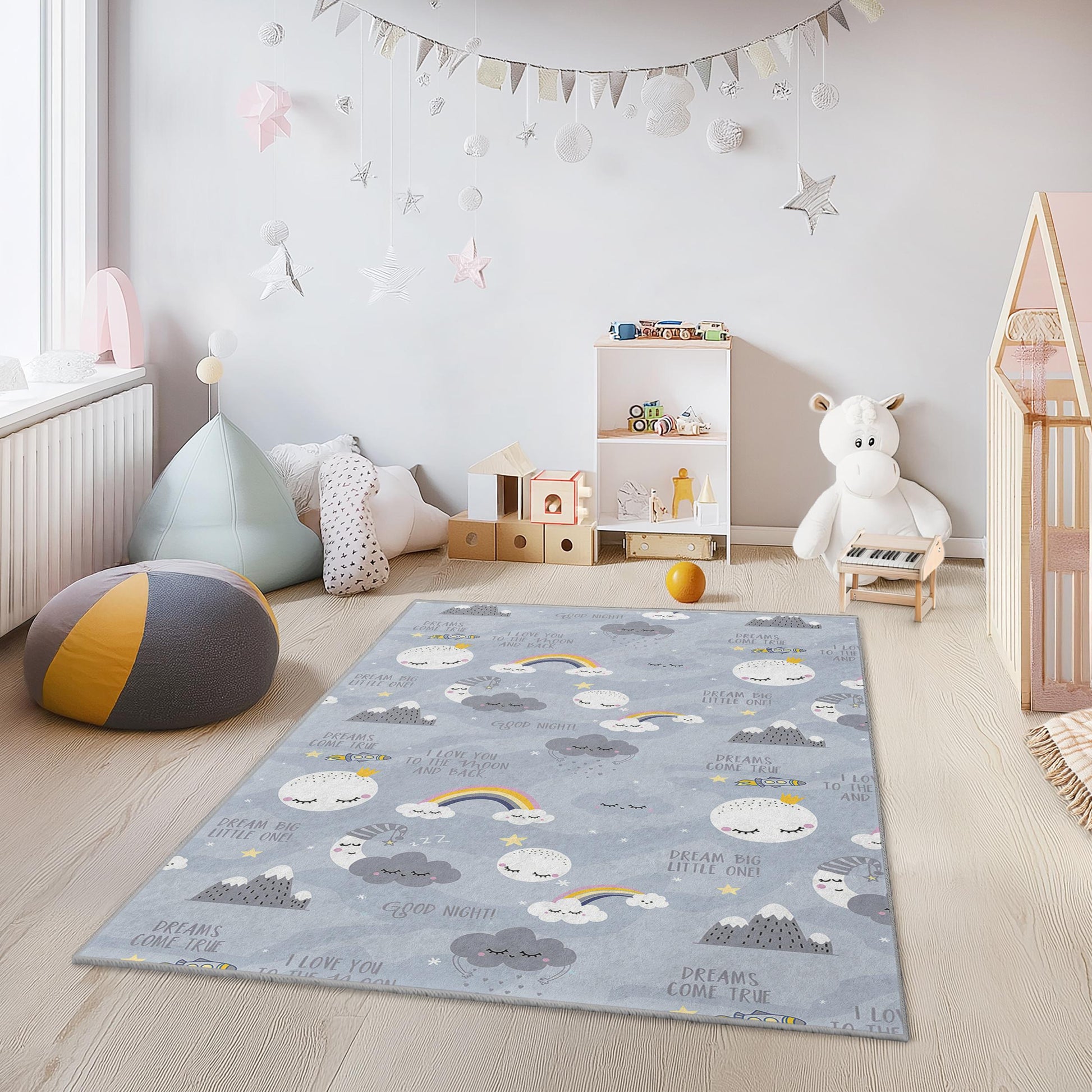 Dreamy Clouds Rectangular Kids Rug, Soft Nursery Carpet, Inspirational Playroom Decor, Cozy Childrens Room Rug, Rainbow Design