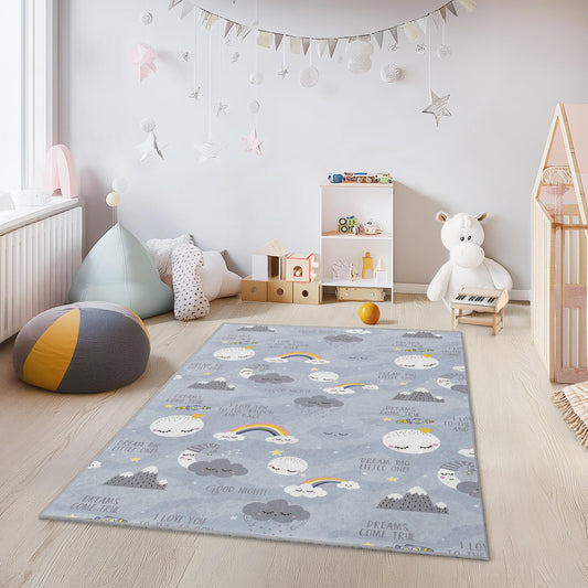 Dreamy Clouds Rectangular Kids Rug, Soft Nursery Carpet, Inspirational Playroom Decor, Cozy Childrens Room Rug, Rainbow Design