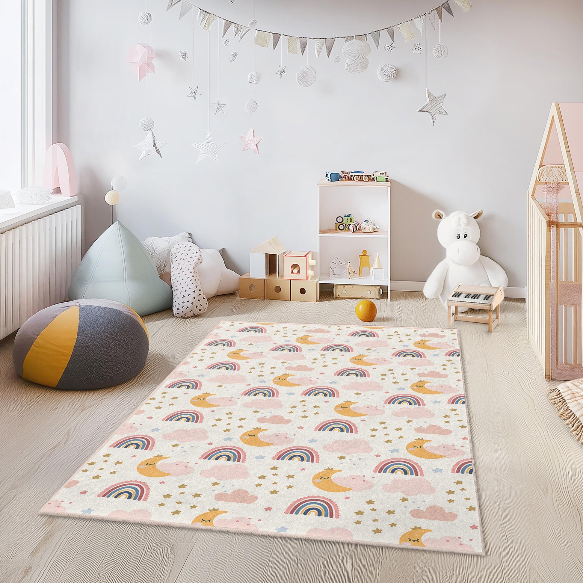 Rainbow Dreams Kids Rug, Cute Rainbow and Moon Nursery Carpet, Rectangular Playroom Rug, Cloud and Star Decor