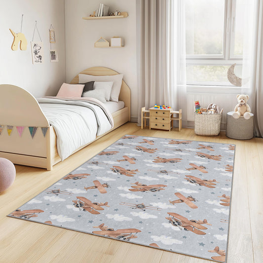 Airplane Pattern Kids Rectangle Rug, Cute Aircraft Rug for Nursery, Playroom Decor, Soft Kids Bedroom Carpet