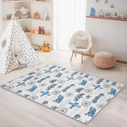 Vintage Airplane and Car Themed Kids Area Rug, Rectangular Playroom Carpet, Soft Nursery Decor, Boys Room Rug, Adventure Play Mat