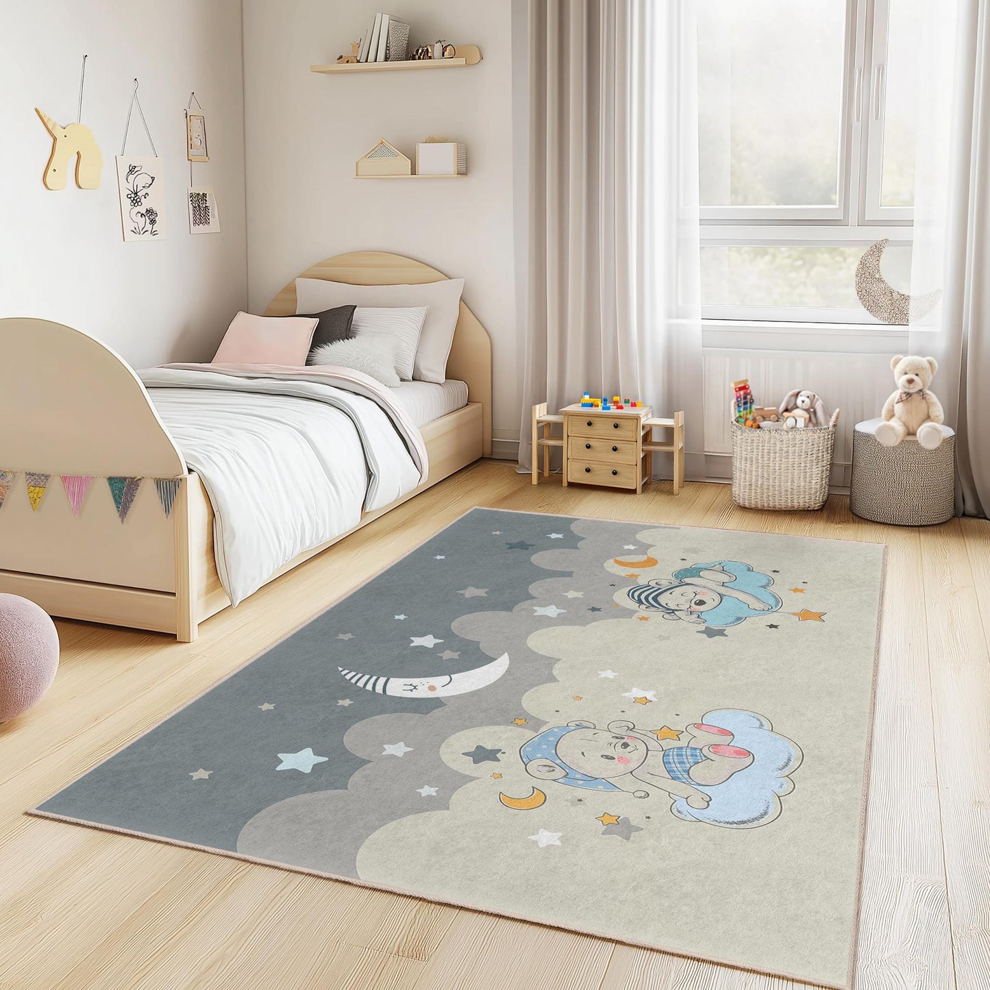 Dreamy Clouds Baby Nursery Rug, Cute Bear and Stars Design, Rectangle Kids Rug, Soft Play Mat for Children's Room, Nursery Decor