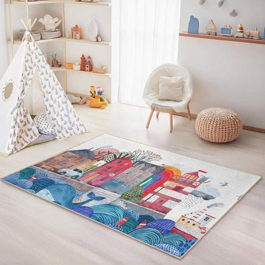 Colorful Village Scene Kids Rug, Playful Rectangular Carpet for Kids Room, Nursery Decor, Soft Play Mat for Children