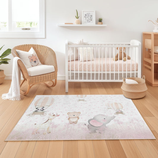 Cute Animal Balloon Rectangular Kids Rug, Adorable Nursery Carpet, Baby Room Decor, Soft Play Mat for Children, Child's Room Rug