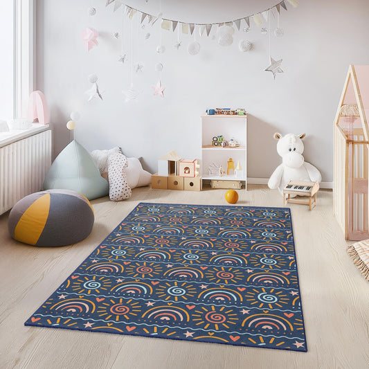 Colorful Sun and Rainbow Kids Rug, Rectangular Playroom Carpet, Bright Nursery Decor, Cheerful Kids Room Rug, Play Mat for Children