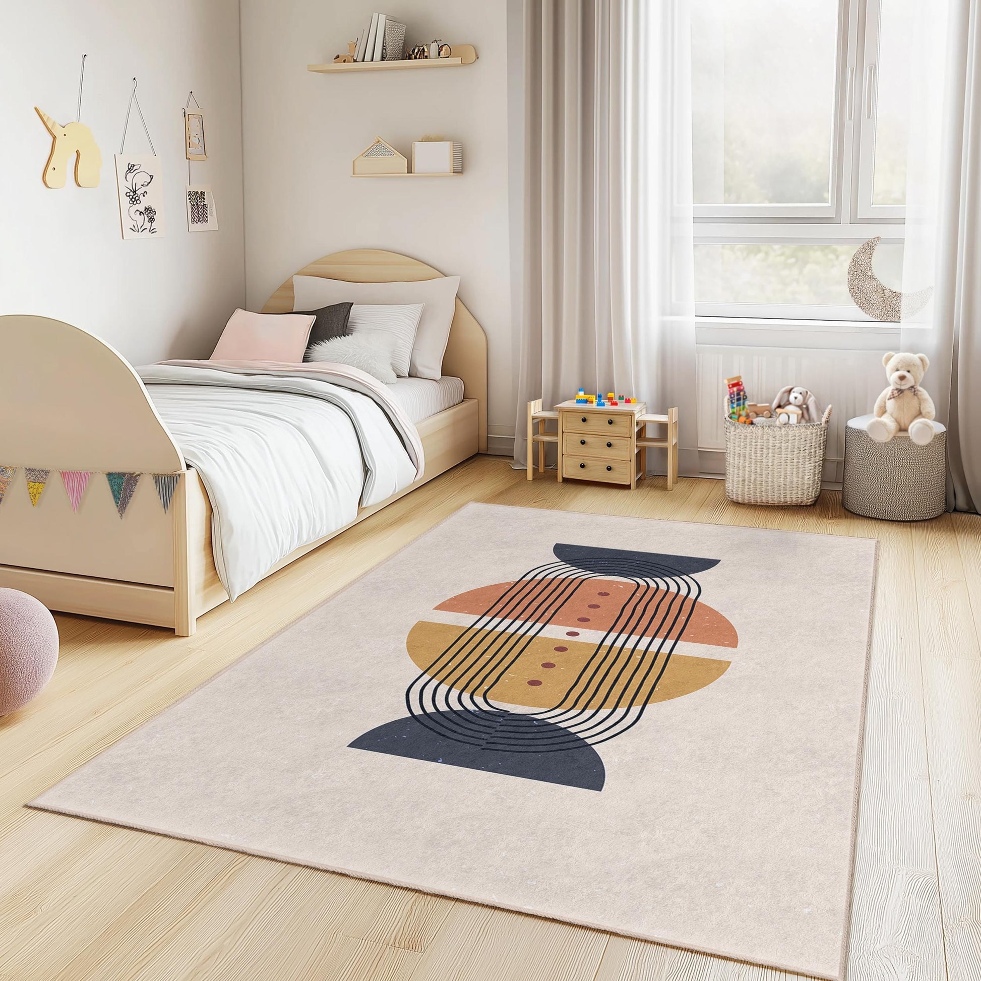 Geometric Lines Rectangle Kids Rug, Modern Abstract Kids Room Carpet, Stylish Nursery Rug, Playroom Decor for Children